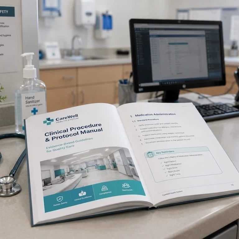 A healthcare manual on the desk of a doctor's office