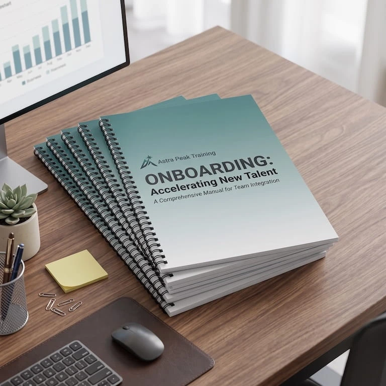 A stack of training onboarding manuals on a desk