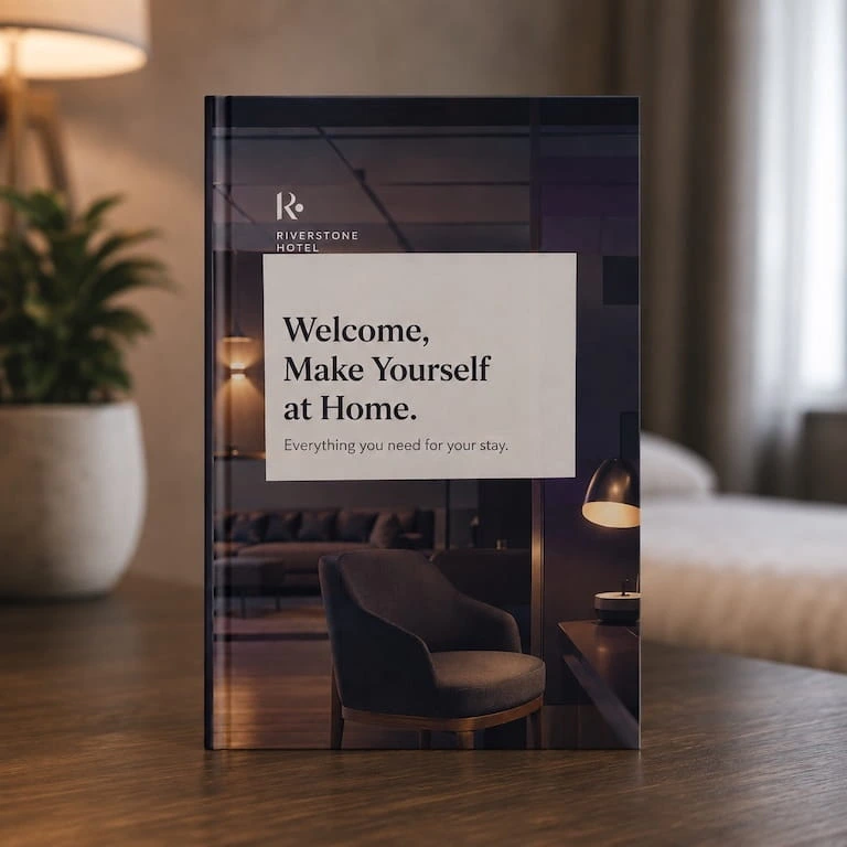 A hospitality booklet in a hotel setting