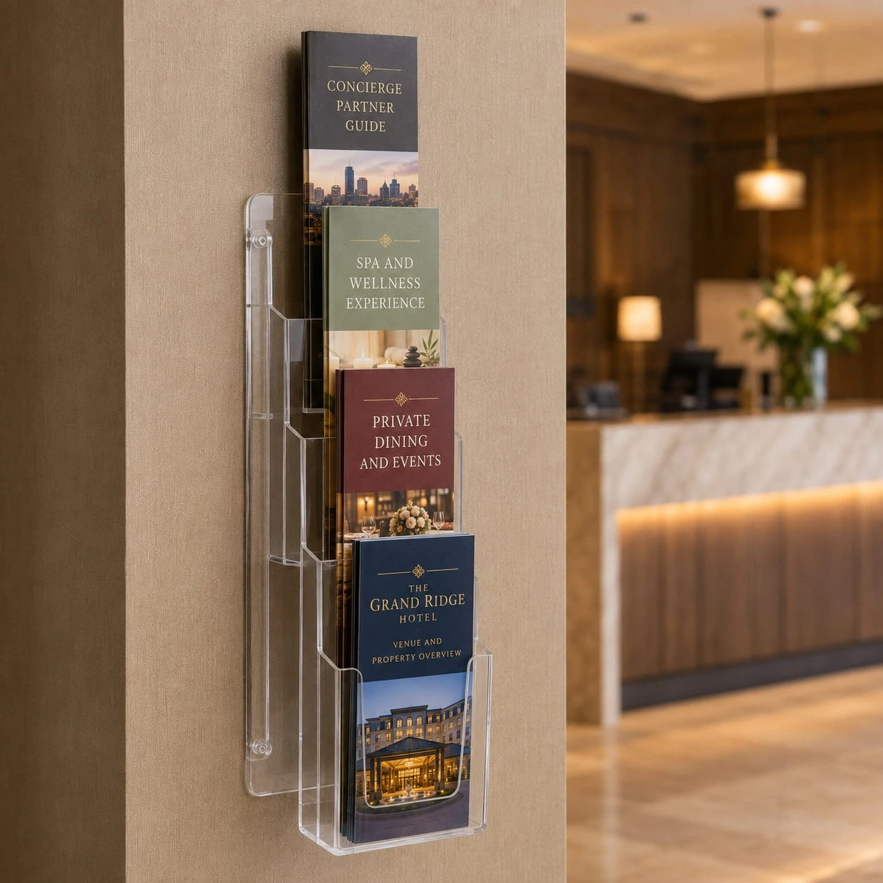 A stack of four hospitality brochures in a hotel