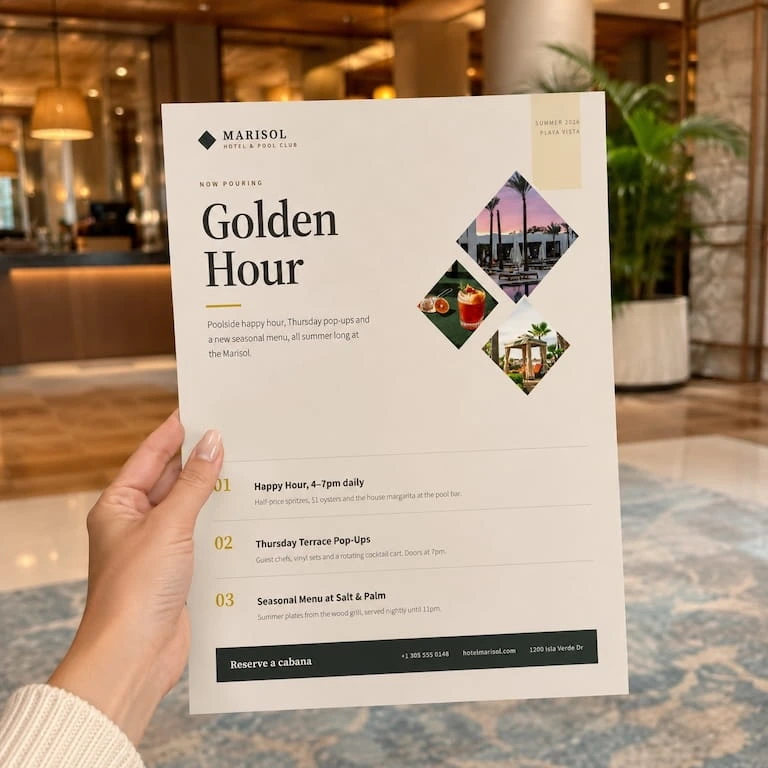 A hand holding a hospitality flyer with information about a hotel's upcoming events