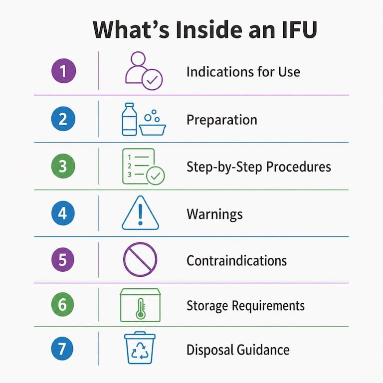 An infographic about what an IFU contains, including warnings, disposal methods, and instructions for use