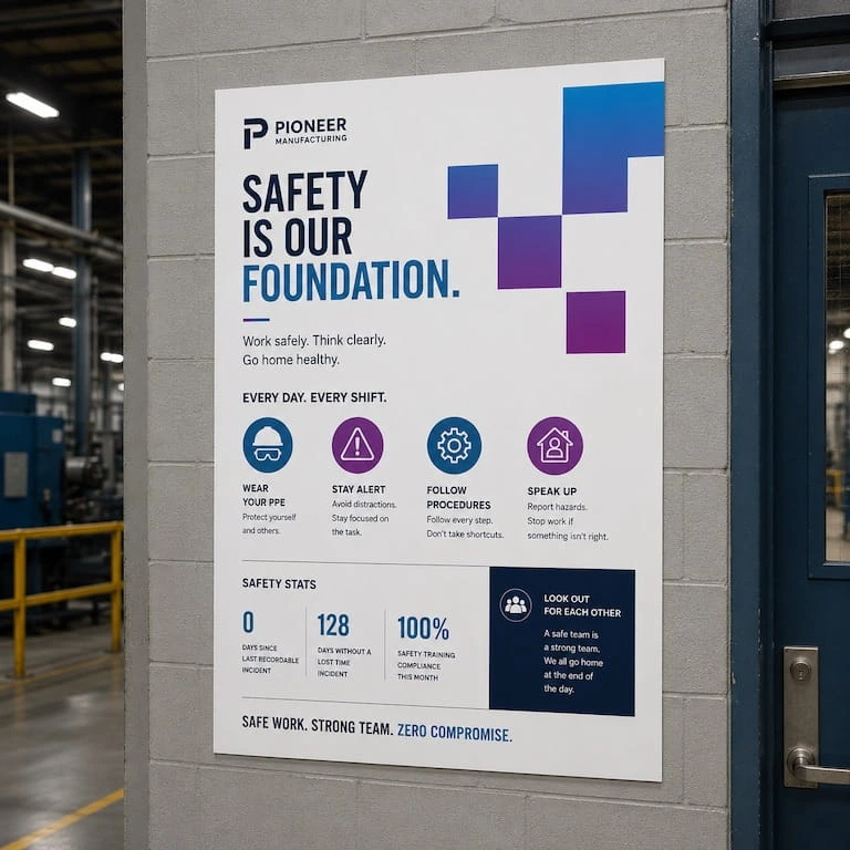 A manufacturing safety poster on the wall