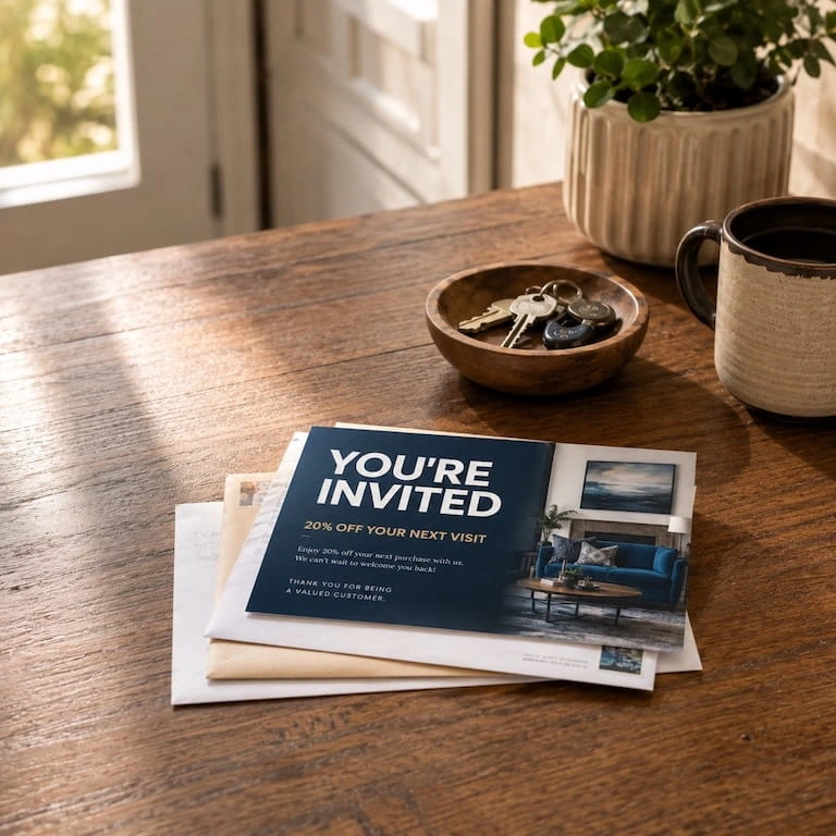 A direct mail retail postcard on a table