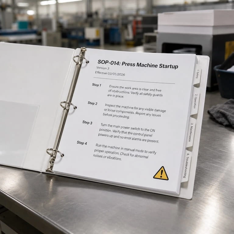A manufacturing standard operating procedure in a three-ring binder