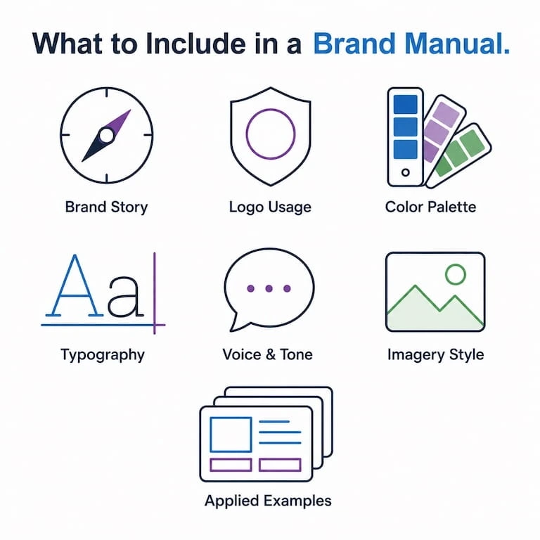 An infographic titled what to include in a brand manual, including color palette, typography, and images. 