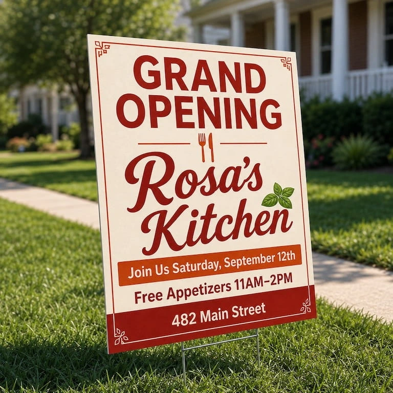 A yard sign advertising the opening of a restaurant called Rosa's Kitchen 